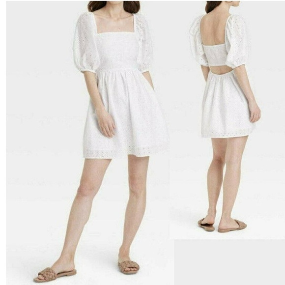 NWT A New Day Puff Sleeve White Eyelet Mini Dress - Picture 1 of 5